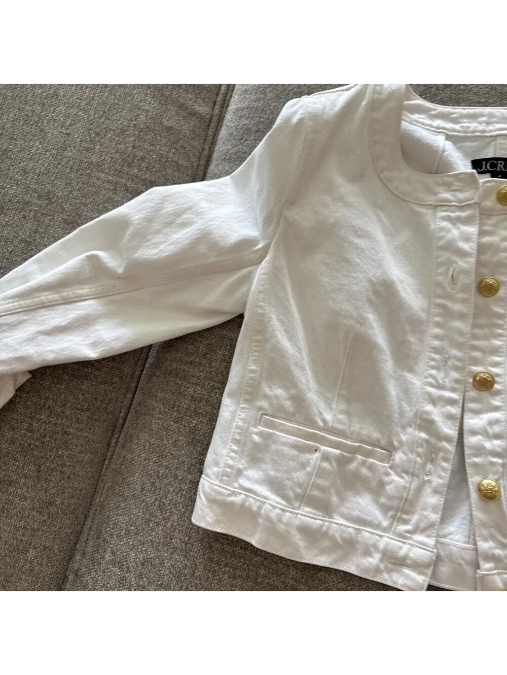 J.Crew Re-Imagined Size 4 White Cropped Denim Jacket Gold Crest Buttons
